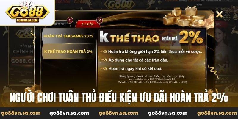 Người chơi tuân thủ điều kiện ưu đãi hoàn trả thể thao 2%